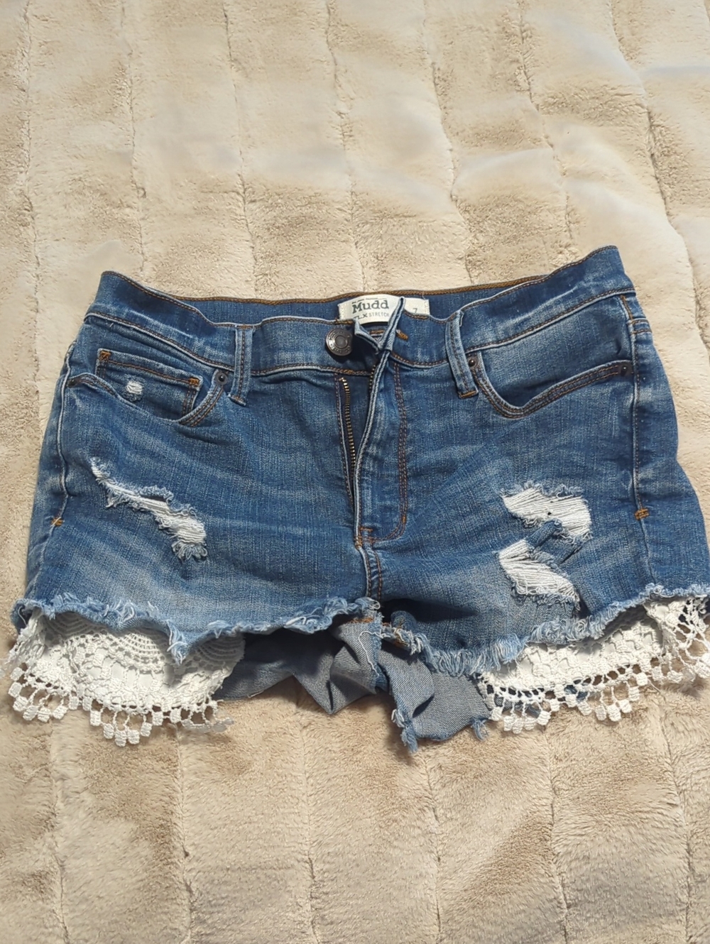 Mudd Blue Distressed Denim Shorts with White Lace Trim
